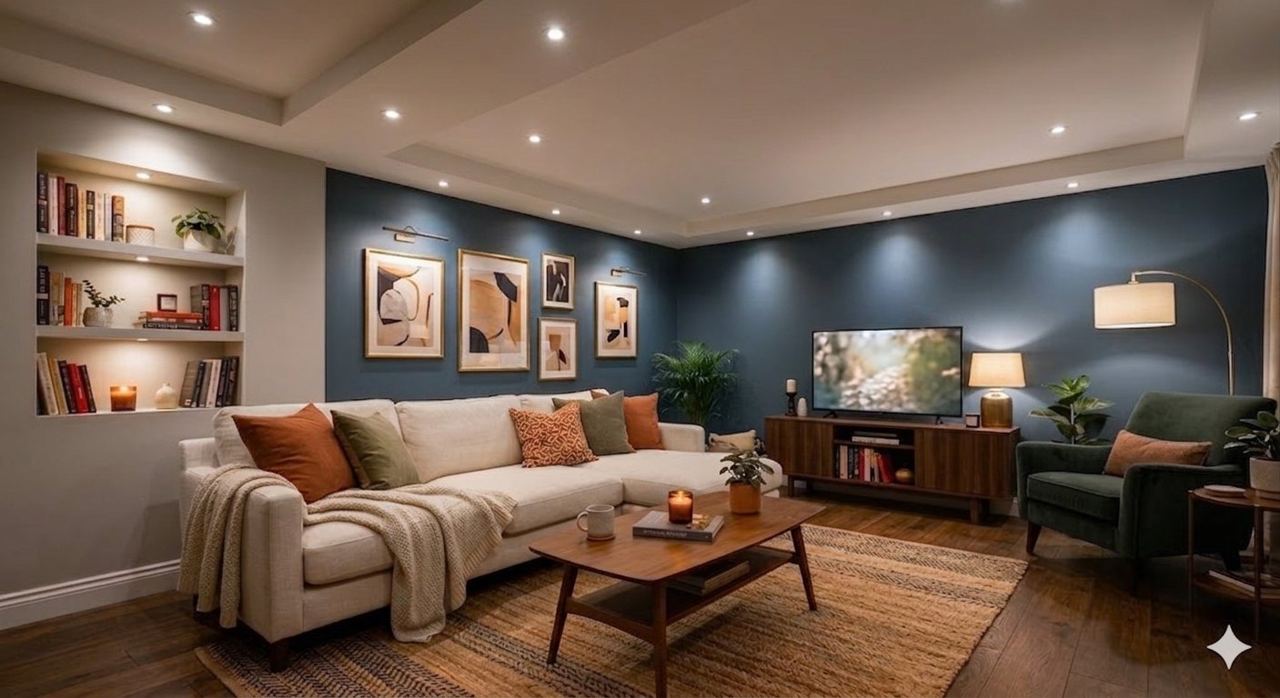Living room lit with recessed downlights, wall lights and lamps